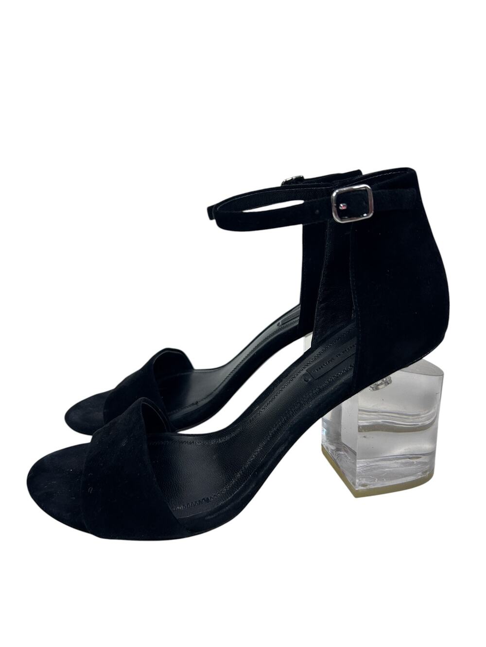 Alexander Wang Black Suede Clear Lucite Abby Open Toe Ankle Strap Block Heel 7.5
